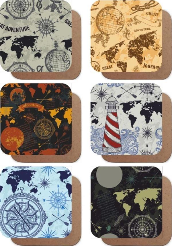 Dünya Haritası Atlas Temalı 6lı Retro Ahşap Bardak Altlığı Seti - Image 1
