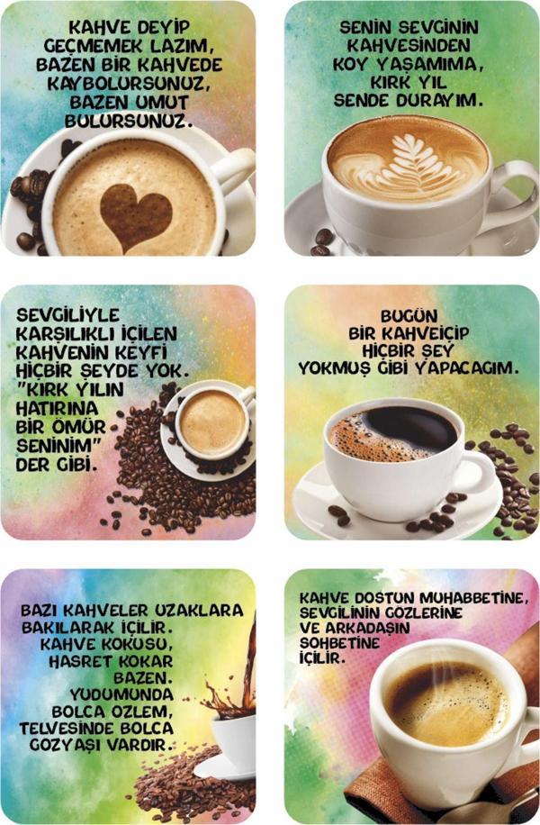 kahve sözleri estetik bar kafe mutfak dekoru hediyelik retro 6lı ahşap bardak altlığı seti - Image 1