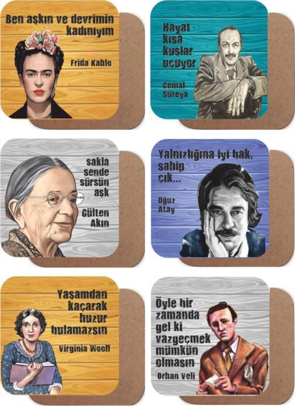 Orhan Veli, Cemal Süreya, V. Woolf, Oğuz Atay, G. Akın 6lı Ahşap Bardak Altlığı Seti - Image 1