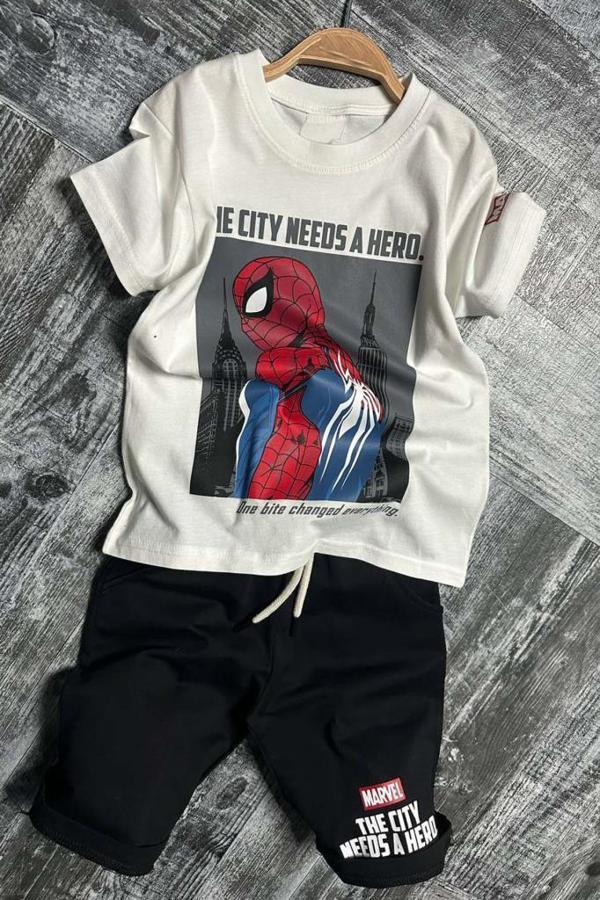 Erkek Çocuk Örümcek Adam Karakter ve Yazı Baskılı T-shirt İp Detaylı Siyah Şortlu Takım - Image 1