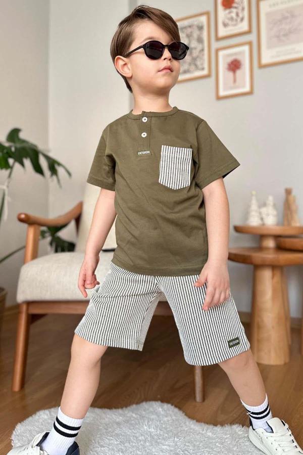 Erkek Çocuk Kapak Cepli Düğme Detaylı Haki T-Shirt Çizgili İp Detaylı Şortlu Takım - Image 1