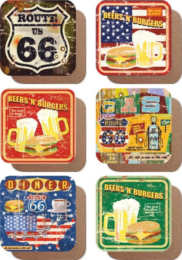 Route 66 Lokanta Bira Hamburger Temalı Retro 6lı Ahşap Bardak Altlığı Seti - Image 1