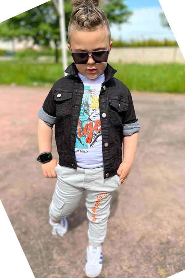 Erkek Çocuk Kaplan Detaylı T-shirt Sırt Baskılı Siyah Jean Ceket Kargo Cepli Alt Üst Takım - Image 1