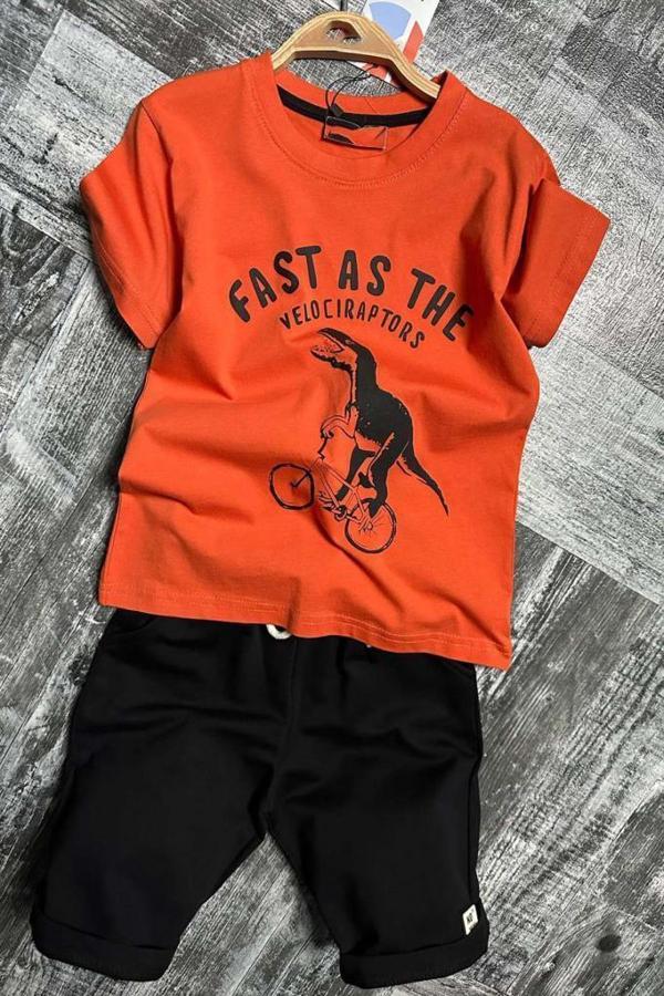 Erkek Çocuk Dinazor ve Bisiklet Baskılı Turuncu T-shirt Penye Şortlu Takım - Image 1
