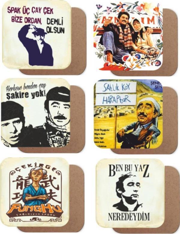 Yeşilçam Temalı 6 Adet Retro Ahşap Bardak Atlığı Seti - Image 1