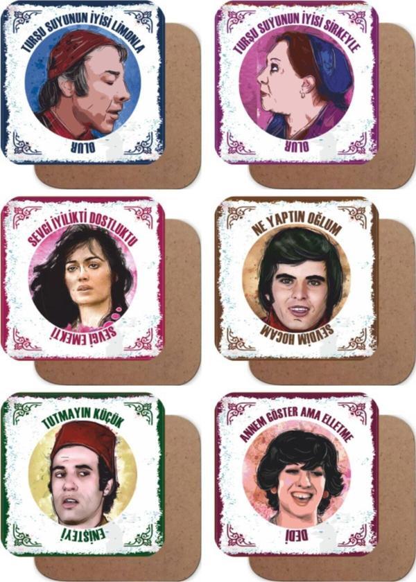 Yeşilçam Türk Sineması Replikleri -2- Set 6lı Retro Ahşap Bardak Altlığı Seti - Image 1