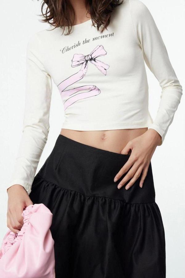Stil Kadın Vücuda Oturan Baskılı Kısa Bluz Crop Örme Slim Kalıp - Image 1