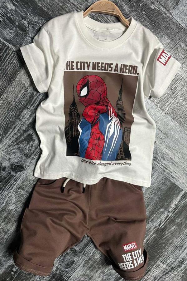 Erkek Çocuk Örümcek Adam Karakter ve Yazı Baskılı T-shirt İp Detaylı Kahverengi Şortlu Takım - Image 1