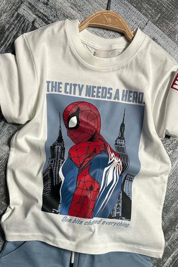 Erkek Çocuk Örümcek Adam Karakter ve Yazı Baskılı T-shirt İp Detaylı Mavi Şortlu Takım - Image 1