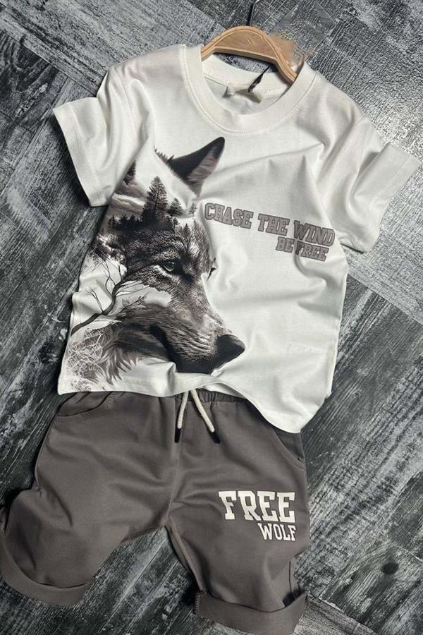 Erkek Çocuk Kurt Ve Free Wolf Yazı Baskılı Gri Şortlu Takım - Image 1