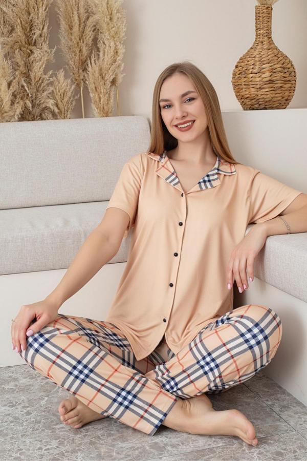 Dreamy Milan Kısa Kollu Ekose Kareli Düğmeli Gömlek Pijama Takımı - Image 1