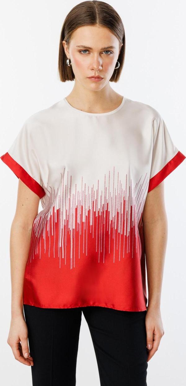 Ekol Kadın Altı Desenli Sıfır Yaka Bluz 3106 Kırmızı - Image 1