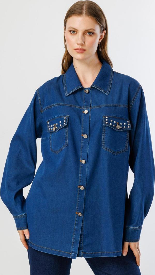 Ekol Kadın Büyük Beden Kapak Cepli Zımba Detaylı Mont 6308 Indigo - Image 1