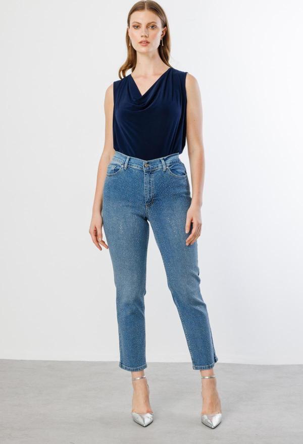 Ekol Kadın Büyük Beden Önü Taşlı Kot Pantolon 2132 Blue - Image 1