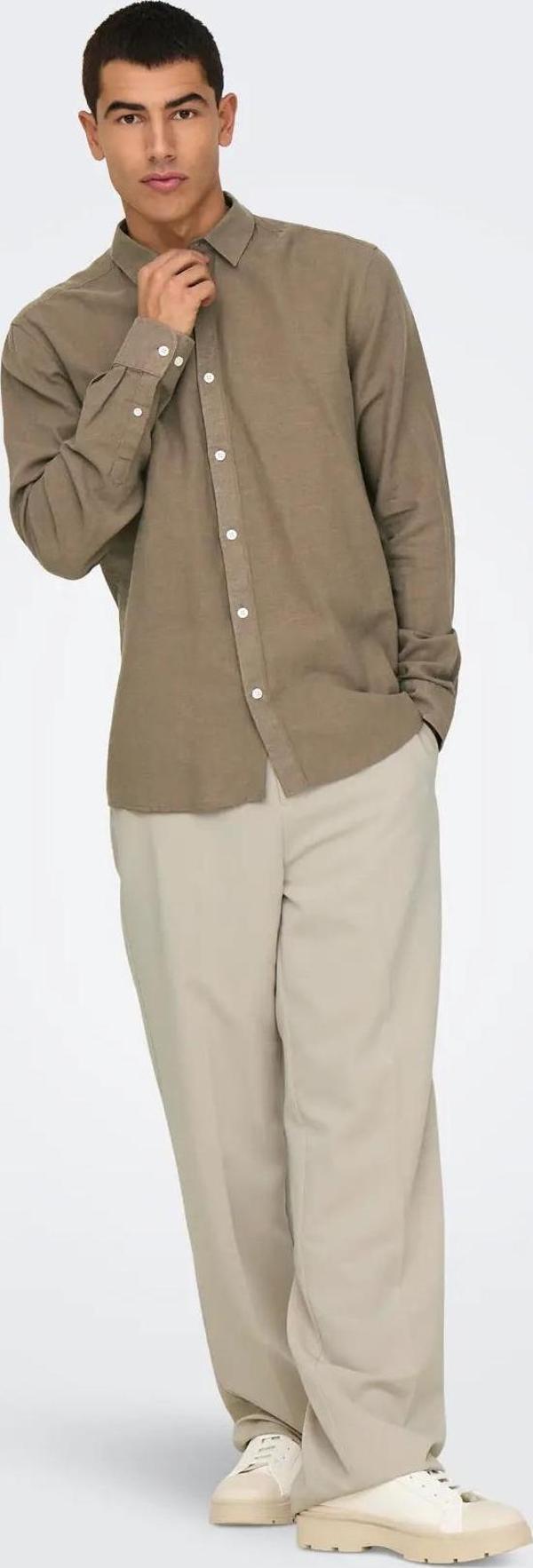 Only & Sons Erkek Onscaiden Slim Fit Keten Gömlek 22012321 Kahverengi - Image 1