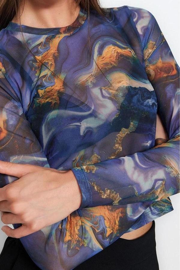 Stil Kadın Baskılı Tül Fitted Vücuda Oturan Esnek Bluz Crop Örme Slim Kalıp - Image 1