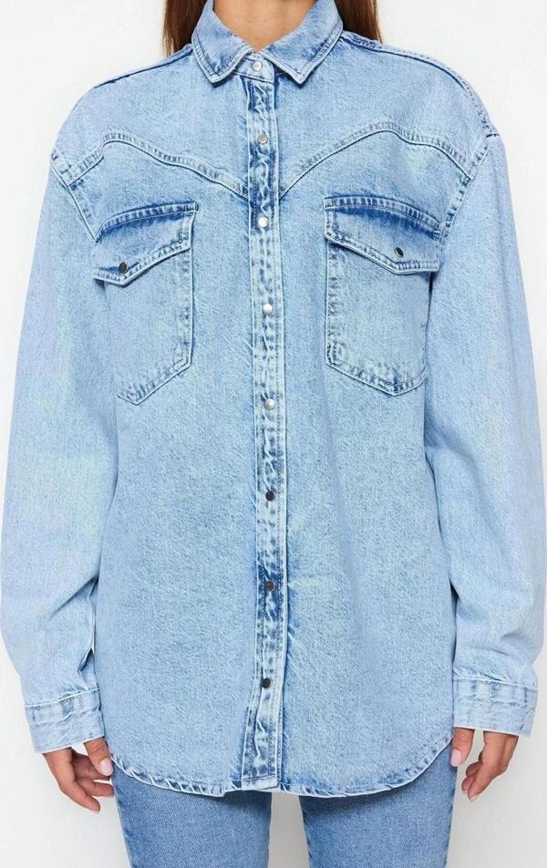 Moda Kadın Gömlek Yaka Düz Desen Günlük Denim Gömlek - Image 1
