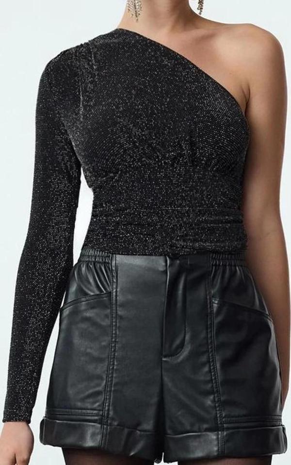 Stil Kadın Tek Omuz Parıltılı Simli Bluz Crop Örme Fitted Kalıp - Image 1