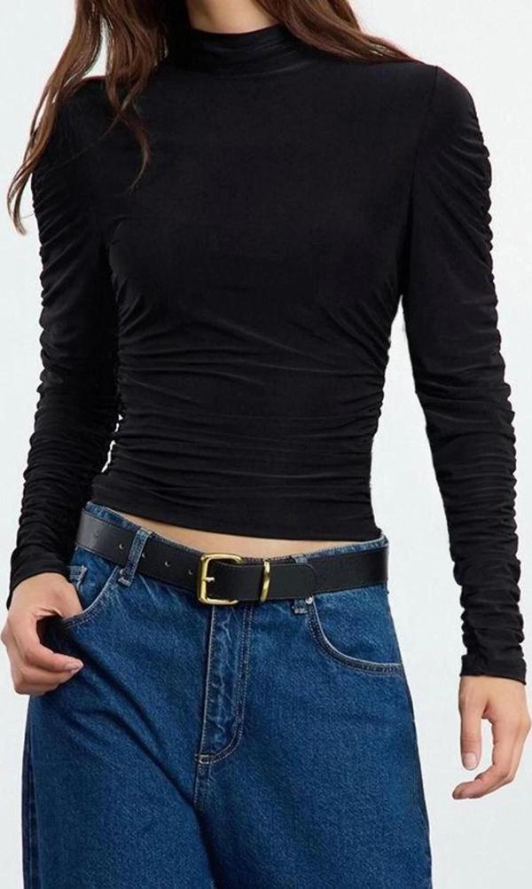 Stil Kadın Büzgü Drape Detaylı Vücuda Oturan Bluz Regular Örme Fitted Kalıp - Image 1