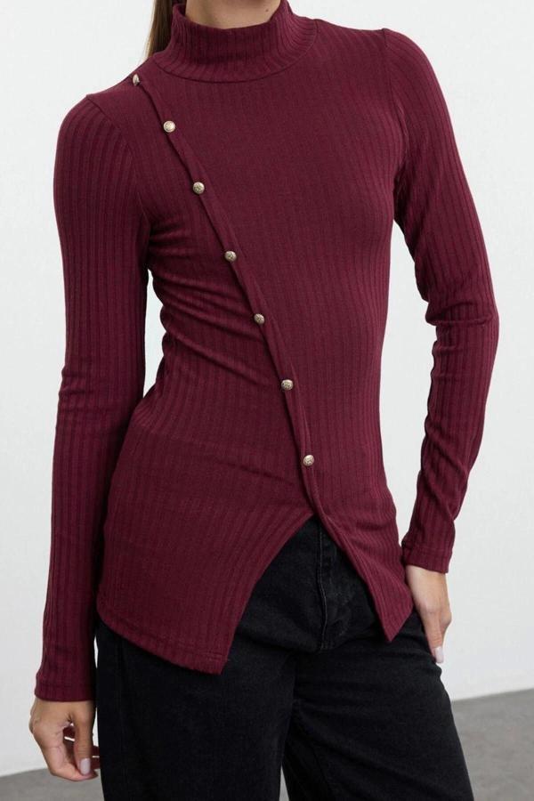 Stil Kadın Fitted Vücuda Oturan Düğme Detaylı Fitilli Esnek Bluz Regular Örme Slim Kalıp - Image 1