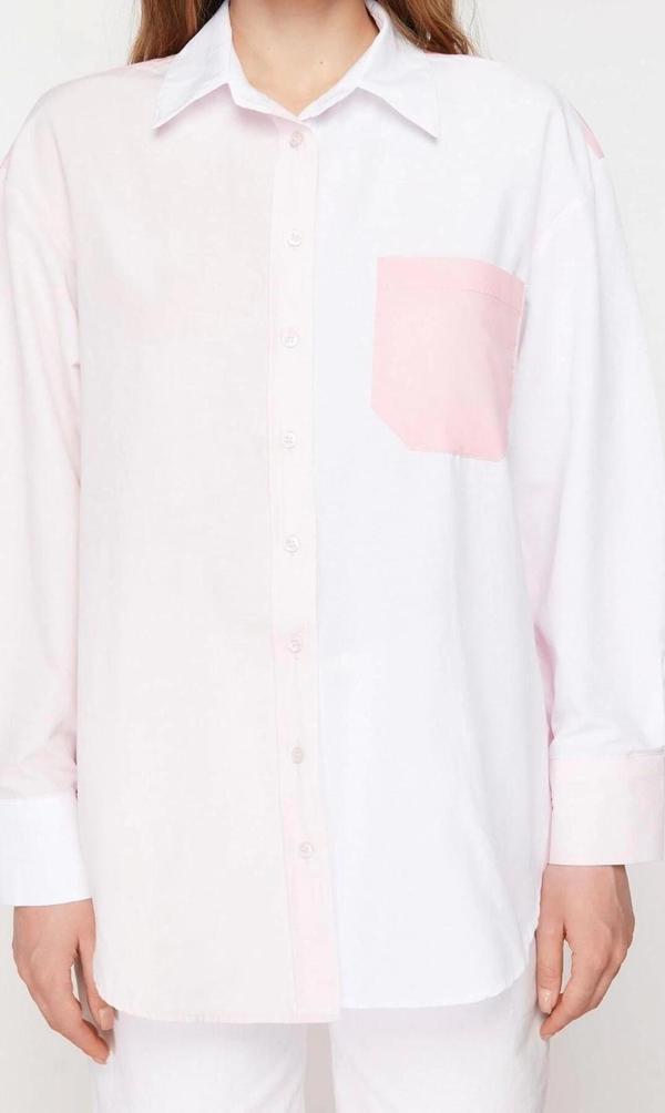 Moda Kadın Gömlek Yaka Düz Desen Günlük Renk Bloklu Oversize Geniş Kalıp Dokuma Gömlek - Image 1