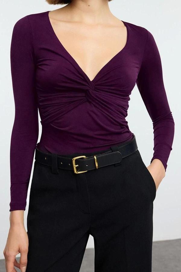 Stil Kadın Büzgü Drape Detaylı Fitted Vücuda Oturan Kollu Esnek Bluz Crop Örme Slim Kalıp - Image 1