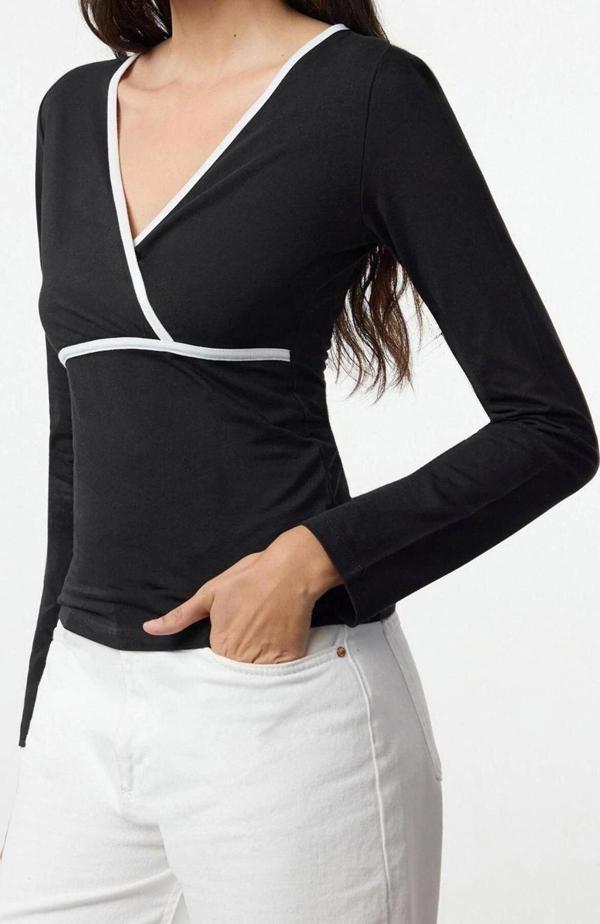 Stil Kadın Biye Detaylı Fitted Vücuda Oturan Bluz Regular Örme Slim Kalıp Reglan Kol - Image 1