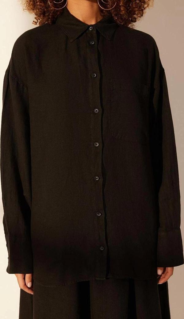 Moda Kadın Gömlek Yaka Düz Desen Günlük %100 Keten Oversize Gömlek - Image 1