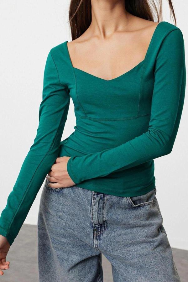 Stil Kadın Fitted Vücuda Oturan Kollu Pamuklu Esnek Bluz Regular Örme Slim Kalıp - Image 1
