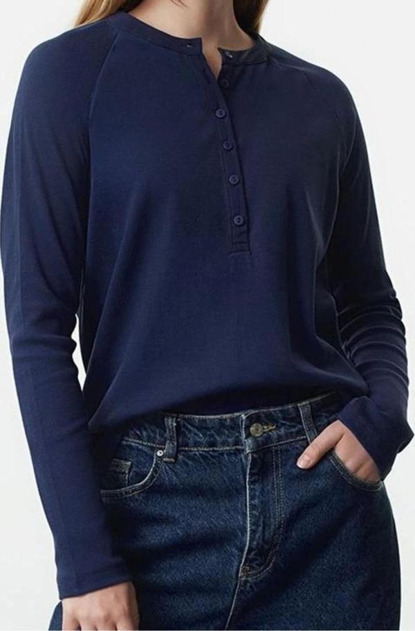 Stil Kadın Düğmeli Normal Kesim Fitilli Esnek Normal Boy Bluz Regular Örme Regular Kalıp - Image 1