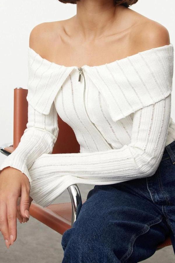 Stil Kadın Fermuar Detaylı Kısa Normal Kalıp Bluz Crop Örme Regular Kalıp Reglan Kol - Image 1