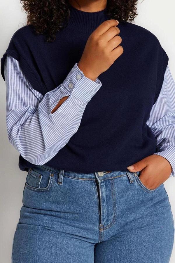 Stil Modern Kadın Regular Standart Kol Dik Yaka Büyük Beden Kolları Çizgili Dokuma Mixli Triko Kazak - Image 1