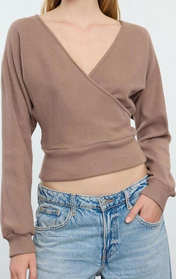 Stil Kadın Regular Normal Kalıp Oturan Fitilli Esnek Bluz Crop Örme Slim Kalıp - Image 1