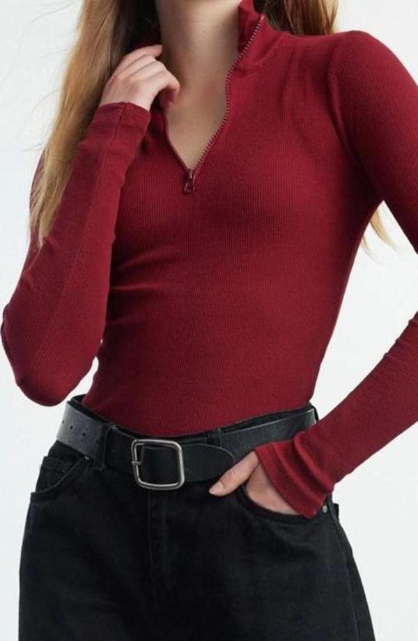 Stil Kadın Fitted vücuda Oturan Esnek Bluz Regular Örme Slim Kalıp - Image 1