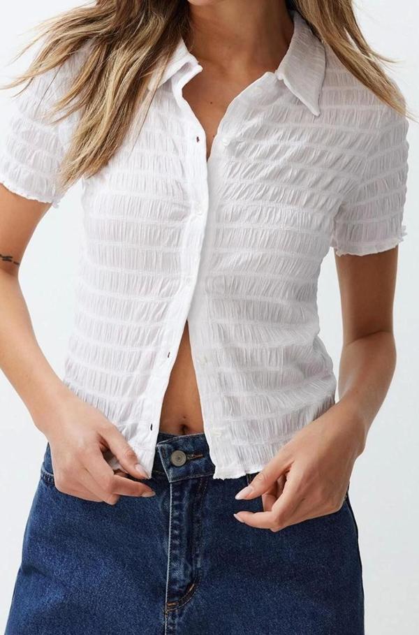 Stil Kadın Dokulu Fitted Vücuda Oturan Kollu Esnek Bluz Crop Örme Slim Kalıp - Image 1