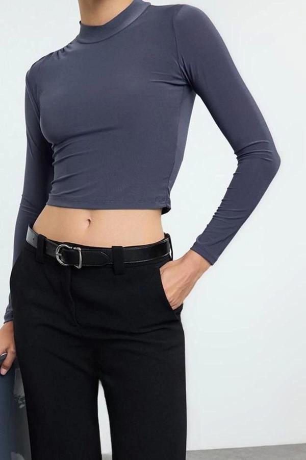 Stil Kadın Fitted Vücuda Oturan Kol Büzgülü Esnek Bluz Crop Örme Slim Kalıp - Image 1