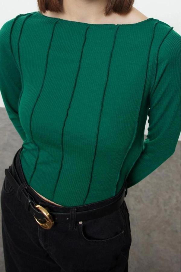 Stil Kadın Dikiş Detaylı Carmen Yaka Fitted Vücuda Oturan Fitilli Bluz Regular Slim Kalıp Düşük Kol - Image 1