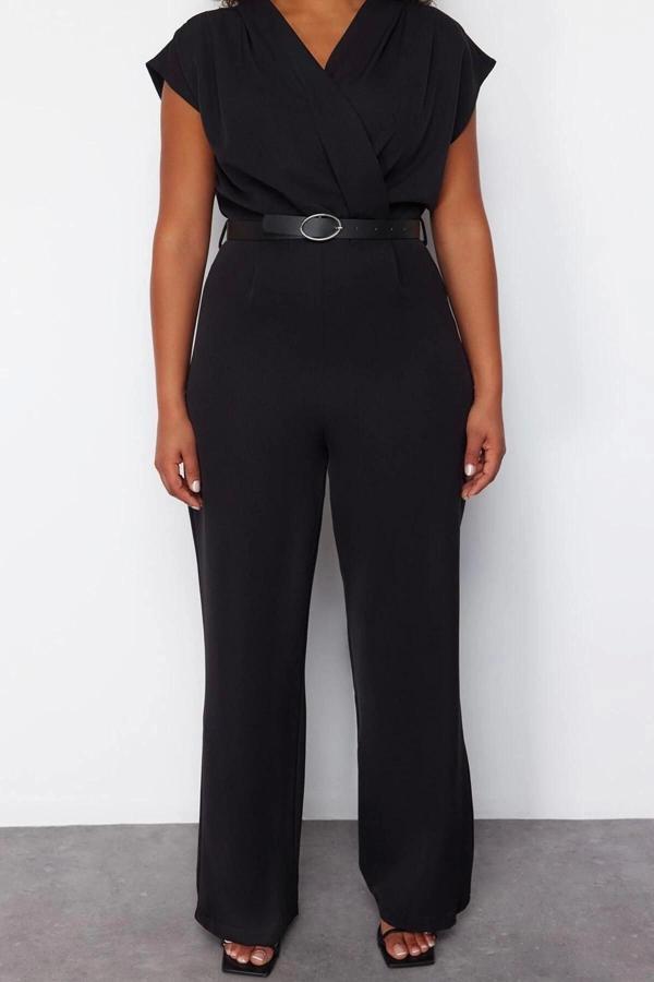 Büyük Beden Kadın Moda Standart Kol Regular Bisiklet Yaka Düz Desen Uzun Kemerli Dokuma Tulum - Image 1