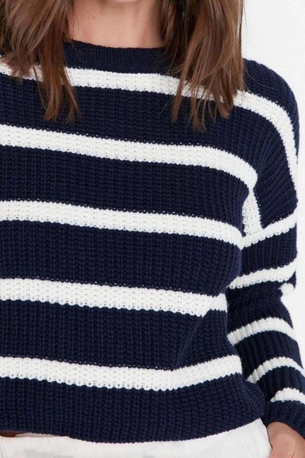 Stil Modern Kadın Crop Düşük Kol Bisiklet Yaka Basic Çizgili Triko Kazak - Image 1