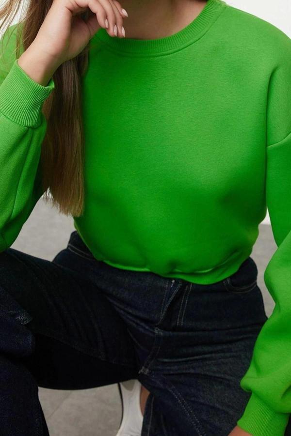 Tarz Crop Dik Yaka Düşük Kol Crop Rahat Kesim Crop Basic Kalın İçi polarlı Örme Sweatshirt - Image 1