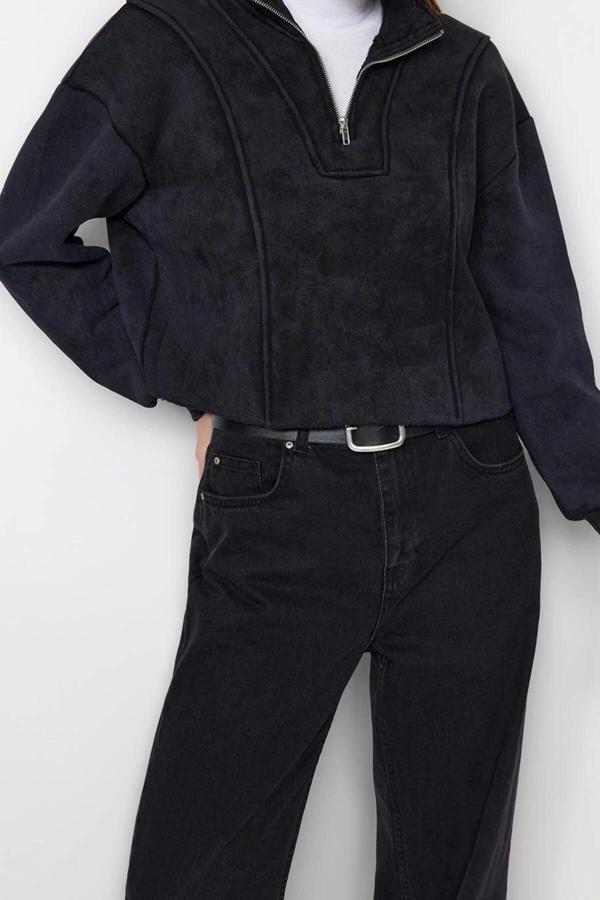 Crop Fermuarlı Yaka Düşük Kol Crop Eskitme Kalın İçi Polarlı Rahat Kesim Crop Örme Sweatshirt - Image 1