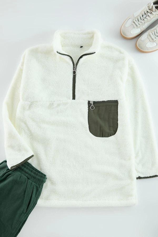 Tesettür Tarz Relaxed Dik Yaka Standart Kol Uzun Fermuar Yaka Cep Detaylı Peluş Sweatshirt - Image 1