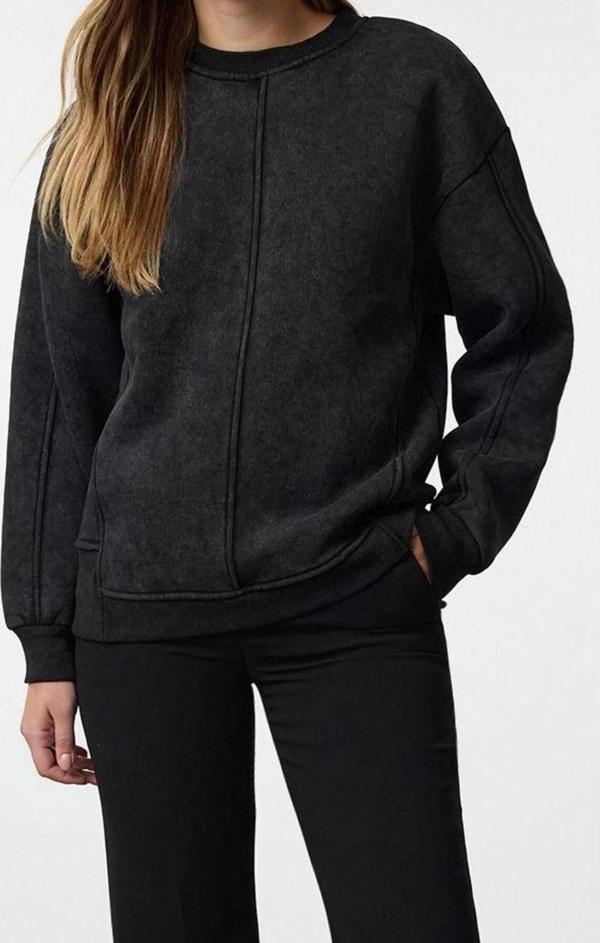 Regular Bisiklet Yaka Düşük Kol Regular Eskitme Kalın İçi Polarlı Normal Kalıp Örme Sweatshirt - Image 1