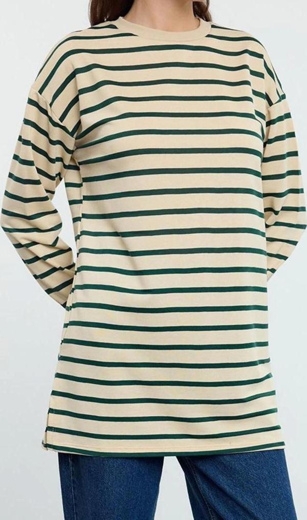 Tesettür Tarz Oversize Bisiklet Yaka Düşük Kol Regular Taş Çizgili Örme Tunik Sweatshirt - Image 1