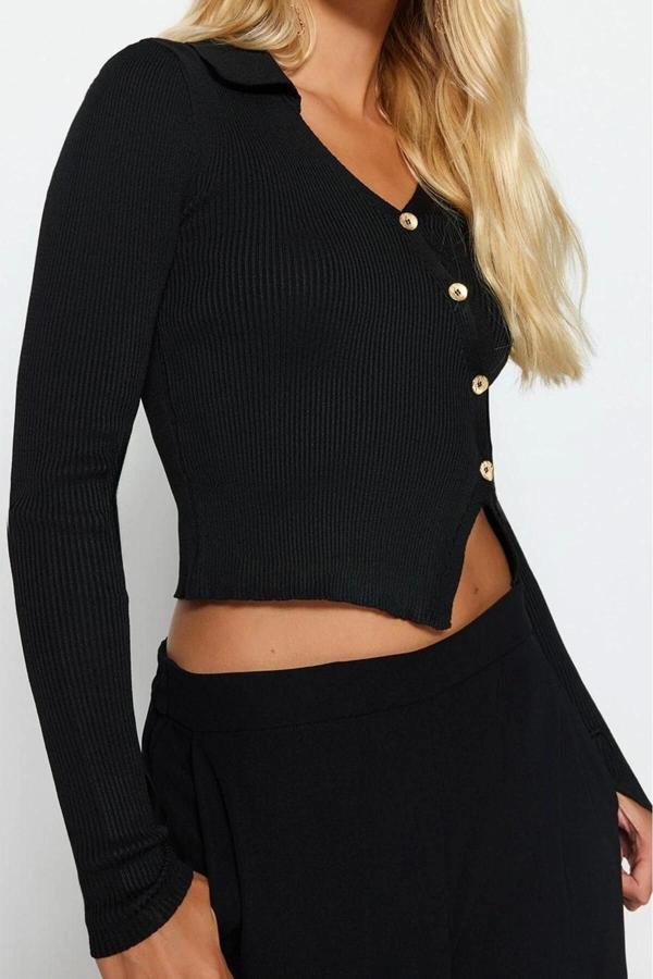 Stil Modern Kadın Crop Standart Kol Polo Yaka Triko Kazak - Image 1
