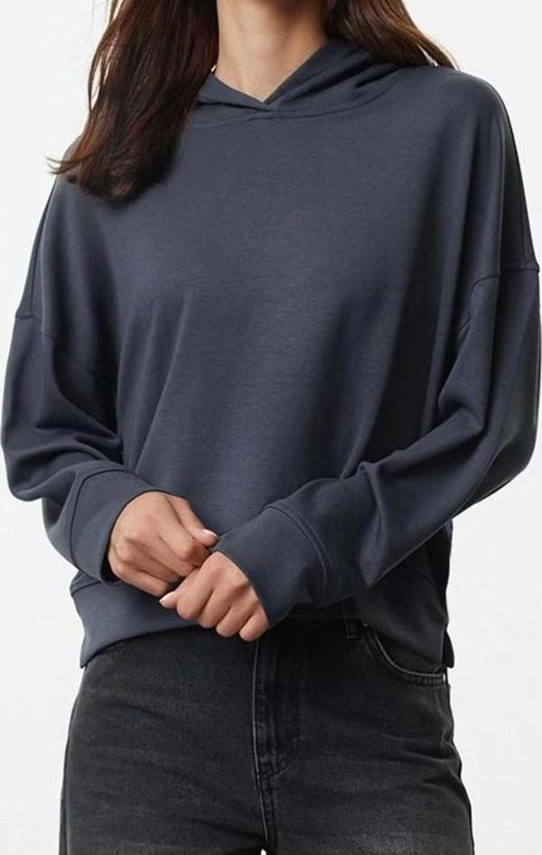 Kapüşonlu Düşük Kol Dikiş Detaylı Normal Kesim Yumuşak Tuşeli Örme Sweatshirt - Image 1