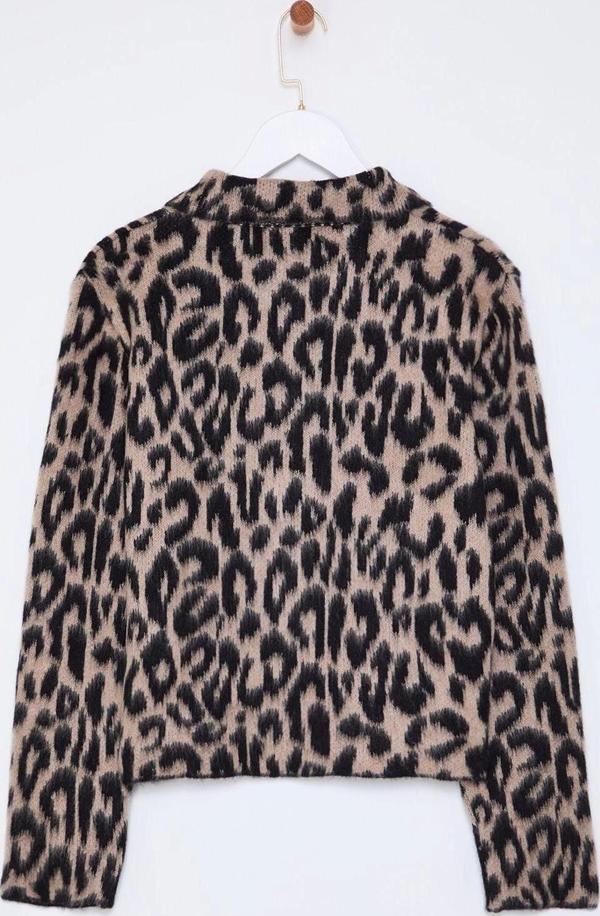 Stil Modern Kadın Regular Standart Kol Polo Yaka Leopar Desenli Triko Hırka - Image 1