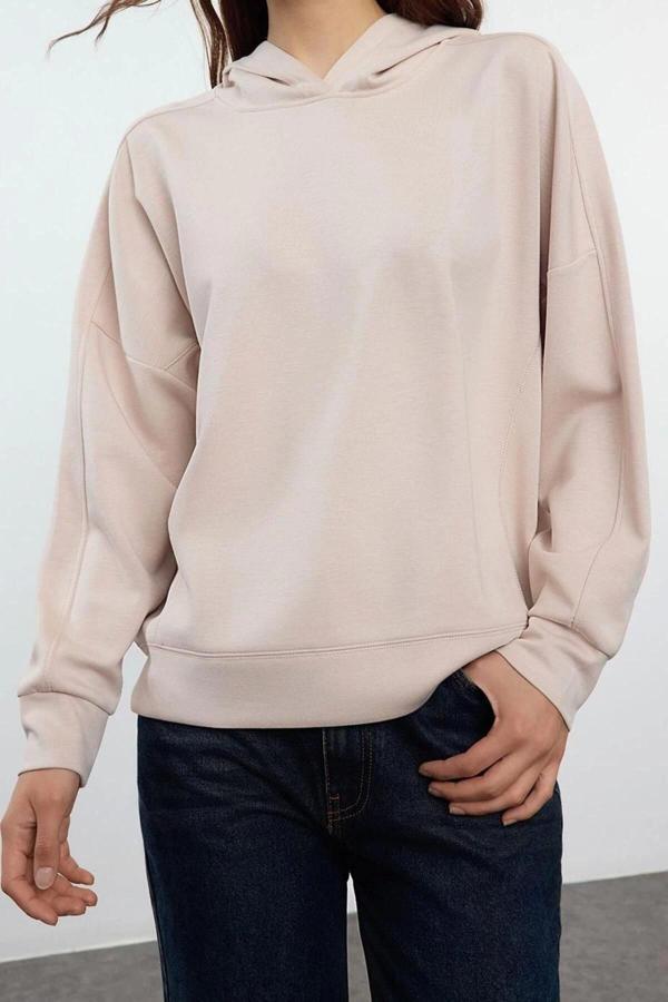 Relaxed Kapüşonlu Düşük Kol Rahat Kesim Yumuşak Tuşeli Dikiş Detaylı Örme Sweatshirt - Image 1