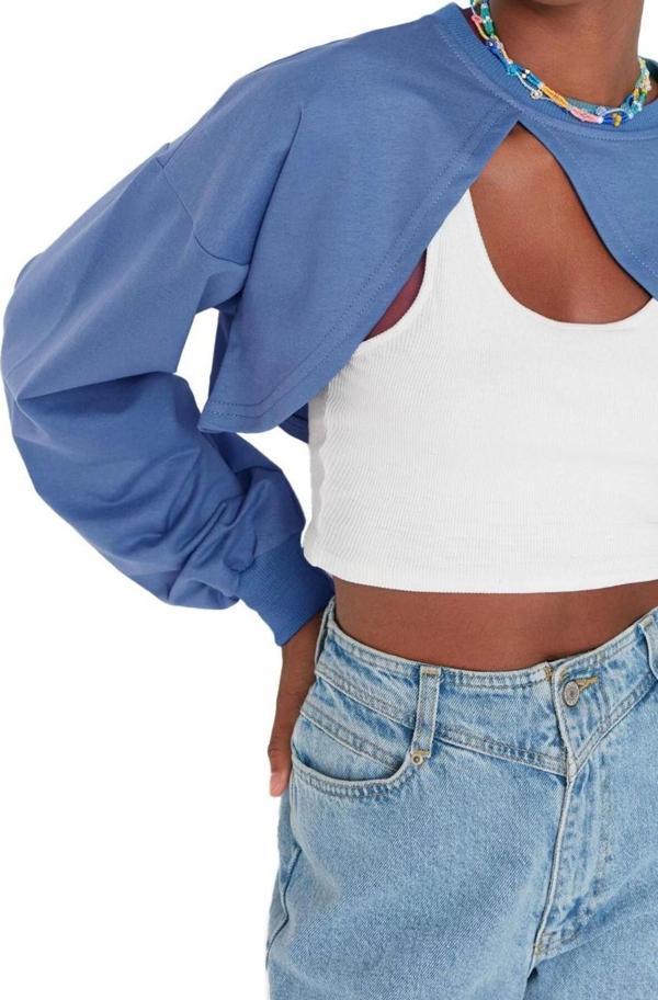 Tarz Crop Bisiklet Yaka Düşük Kol Crop Asimetrik Super Crop İnce Örme Sweatshirt - Image 1