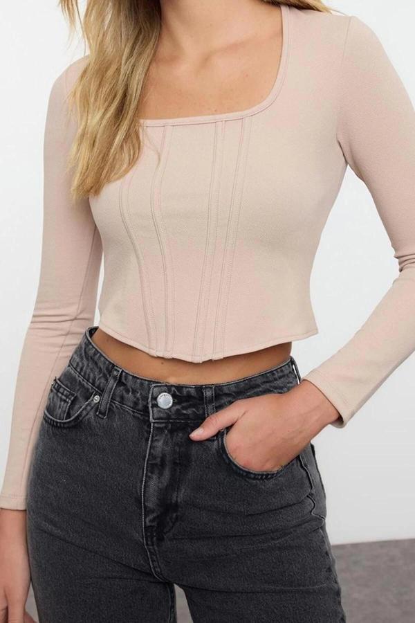 Stil Kadın Vücuda Oturan Karyoka Dikişli Bluz Regular Örme Fitted Kalıp - Image 1